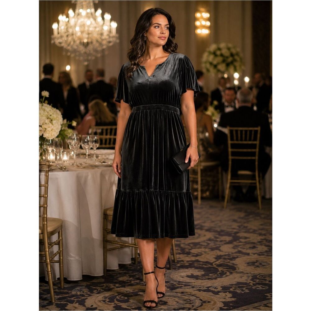 Terra & Sky Charcoal Grey Black Tiered Ruffled V-Neck Velvet Midi Dress 2X